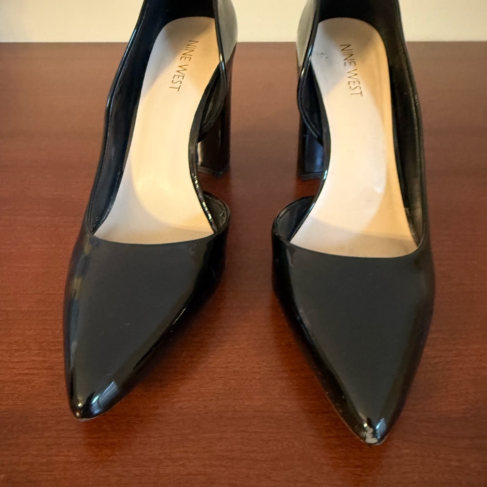 Nine West Black Patent Pointed Pumps with Block Heel